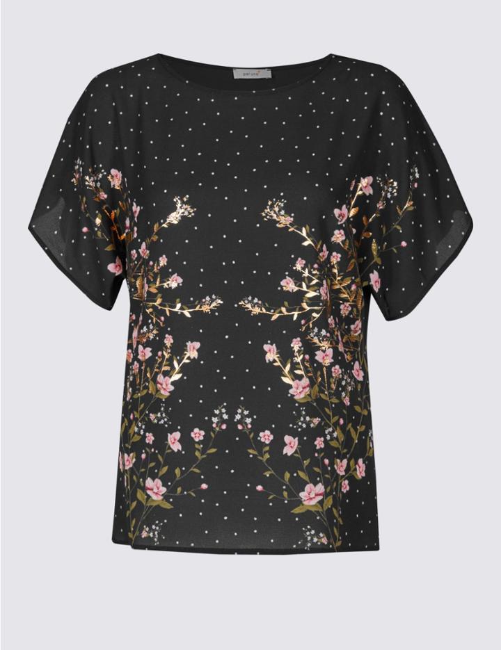 Marks & Spencer Floral Foil Print Short Sleeve T-shirt Black Mix