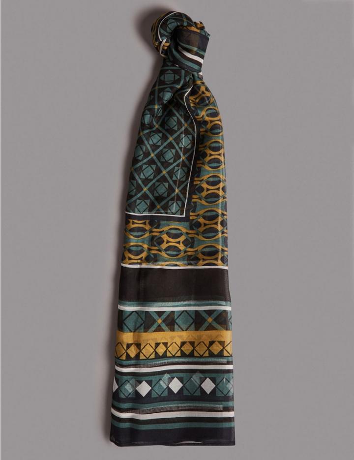 Marks & Spencer Pure Silk Geometric Print Square Scarf Navy