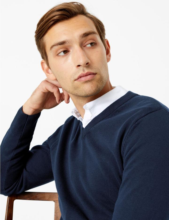 Marks & Spencer Cotton V Neck Jumper Navy