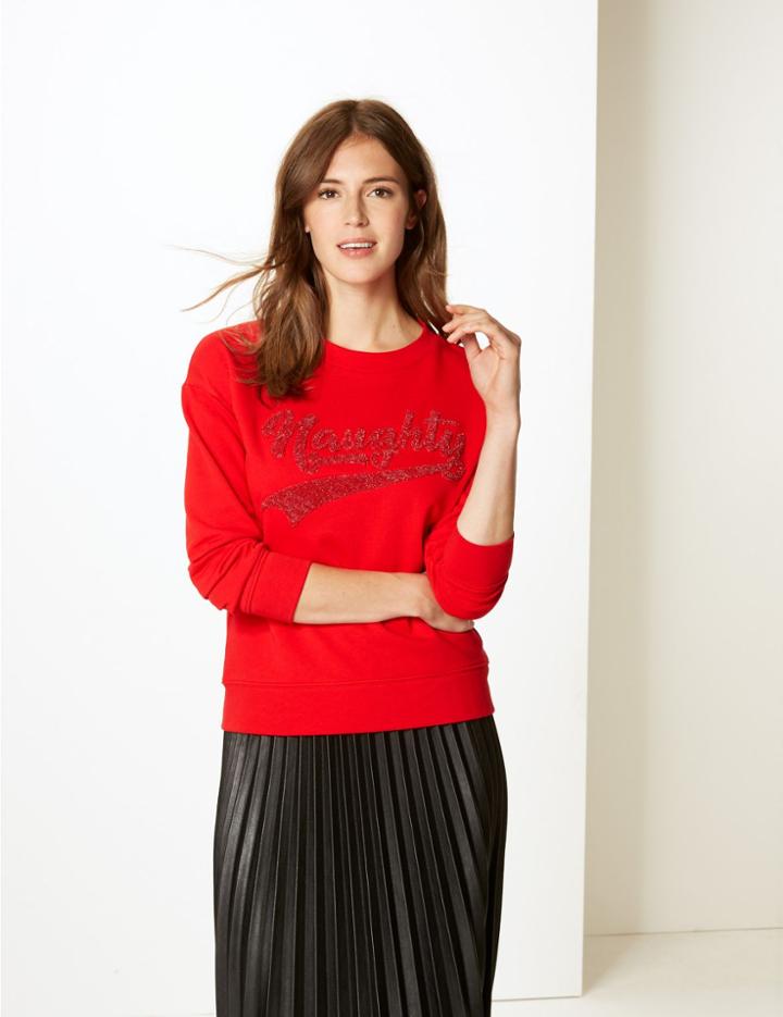 Marks & Spencer Cotton Sparkly Slogan Christmas Sweatshirt Red Mix