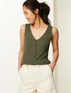 Marks & Spencer Linen Blend Textured V-neck Knitted Tops Hunter Green