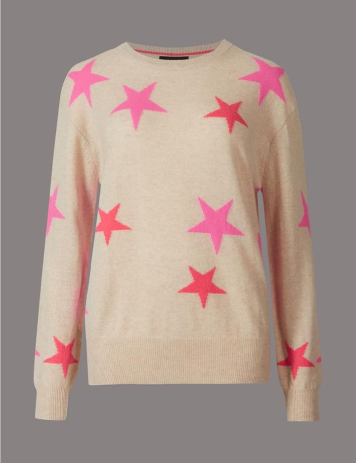 Marks & Spencer Pure Cashmere Star Print Round Neck Jumper Multi