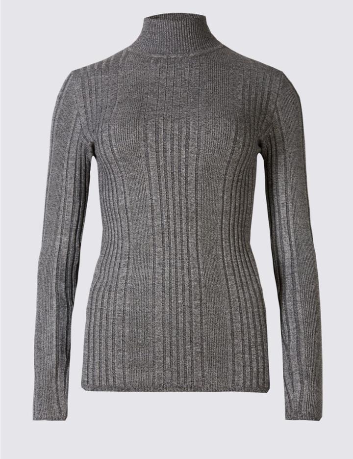 Marks & Spencer Variegated Ribbed Turtle Neck Jumper Light Grey