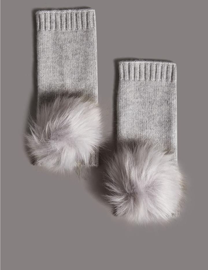 Marks & Spencer Pure Cashmere Pom Pom Hand Warmer Gloves Grey