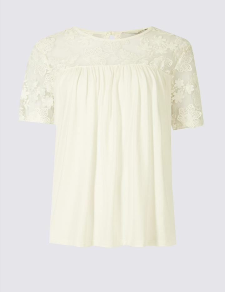 Marks & Spencer Embroidered Floral Lace Half Sleeve T-shirt Ivory Mix