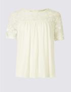 Marks & Spencer Embroidered Floral Lace Half Sleeve T-shirt Ivory Mix