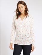 Marks & Spencer Floral Print Notch Neck Long Sleeve T-shirt Navy Mix