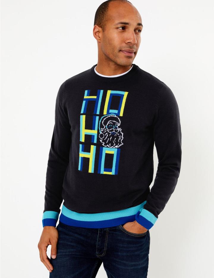 Marks & Spencer Ho Ho Ho Santa Design Crew Neck Jumper Navy Mix