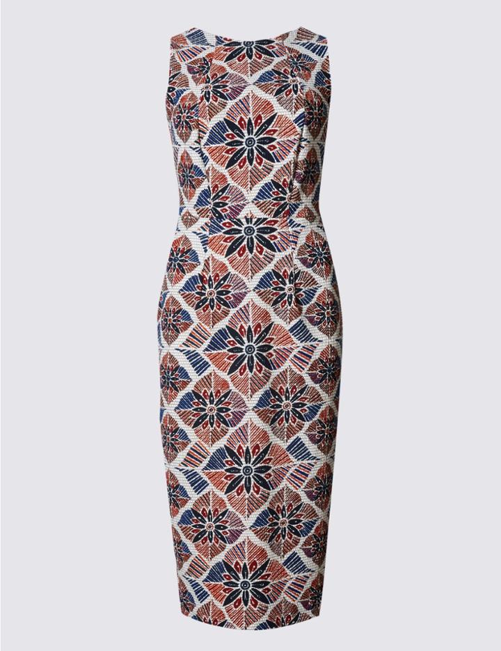 Marks & Spencer Tile Print Shift Dress Beige Mix
