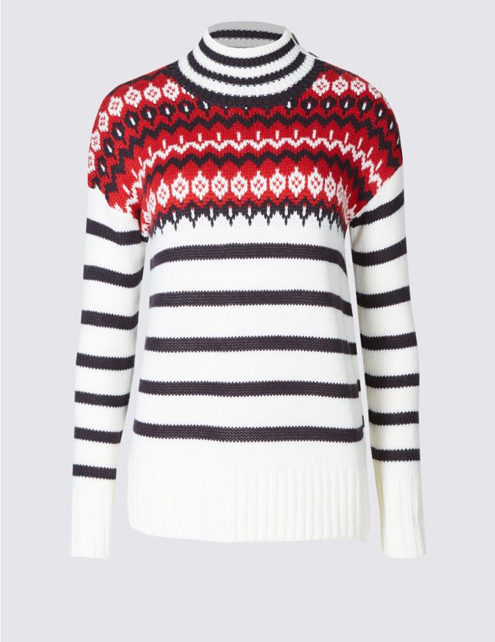 Marks & Spencer Petite Fairisle Striped Turtle Neck Jumper Cream Mix