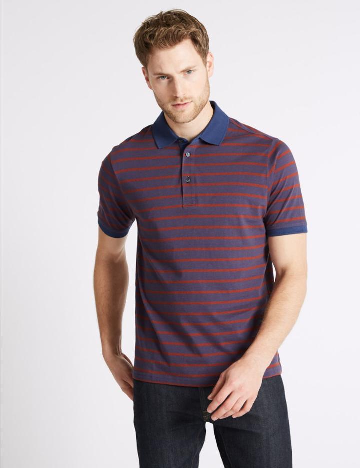 Marks & Spencer Pure Cotton Striped Polo Shirt Coral