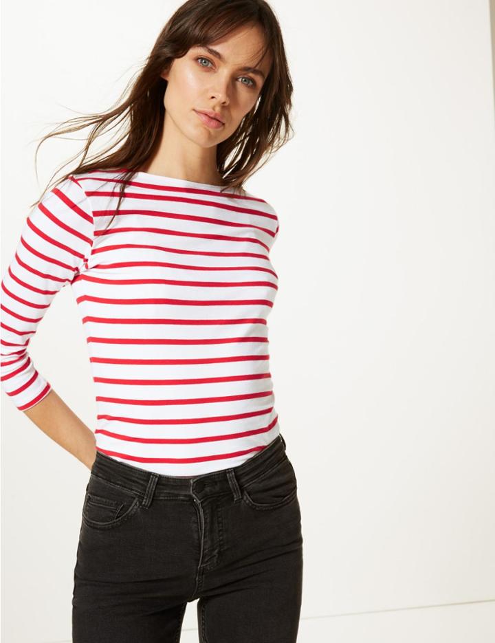 Marks & Spencer Cotton Rich Striped 3/4 Sleeve Fitted T-shirt Red Mix