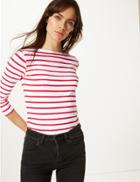 Marks & Spencer Cotton Rich Striped 3/4 Sleeve Fitted T-shirt Red Mix