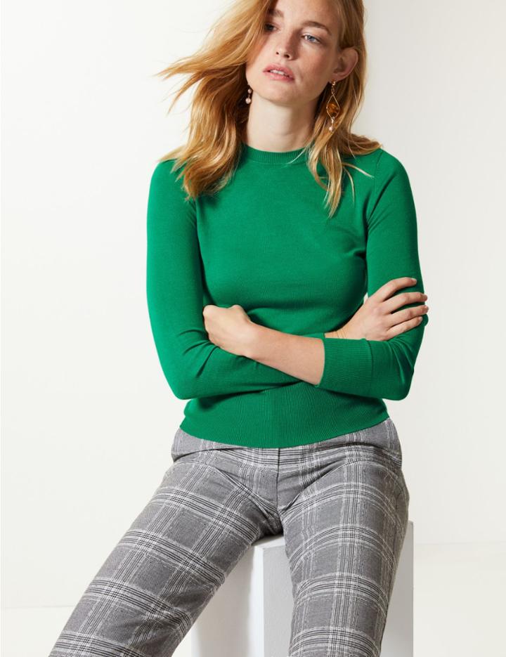 Marks & Spencer Fine Knit Round Neck Long Sleeve Jumper Emerald