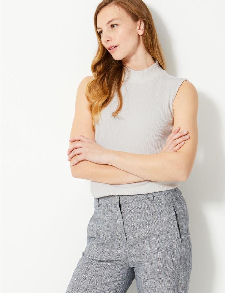 Marks & Spencer Ribbed Funnel Neck Longline Tank Top Cream