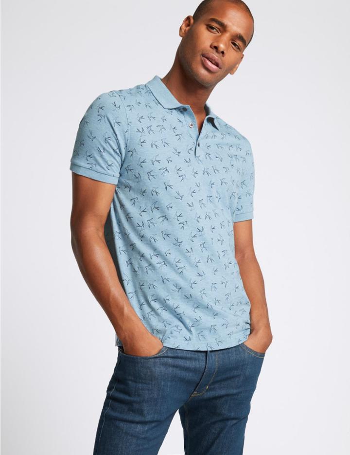 Marks & Spencer Slim Fit Pure Cotton Printed Polo Shirt Denim Mix