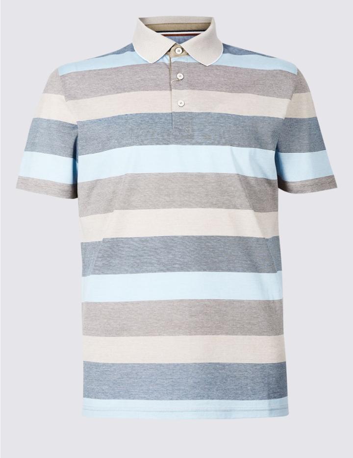 Marks & Spencer Slim Fit Pure Cotton Striped Polo Shirt Natural Mix