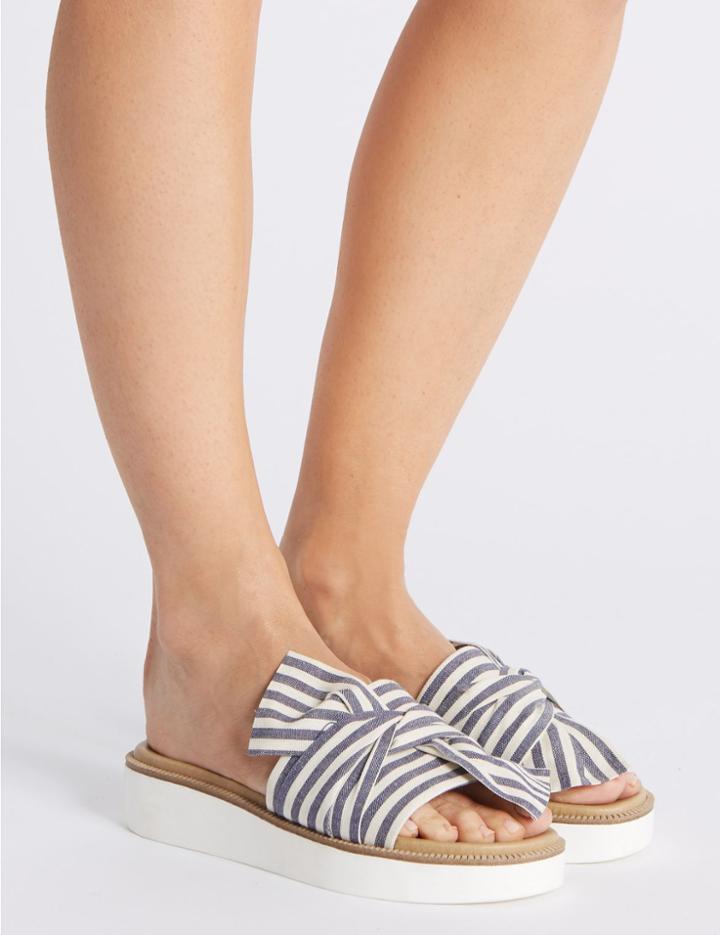 Marks & Spencer Striped Woven Knot Mule Sandals Navy Mix