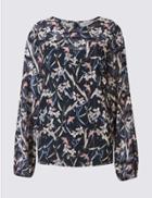 Marks & Spencer Bird Print Boat Neck Long Sleeve Blouse Navy Mix