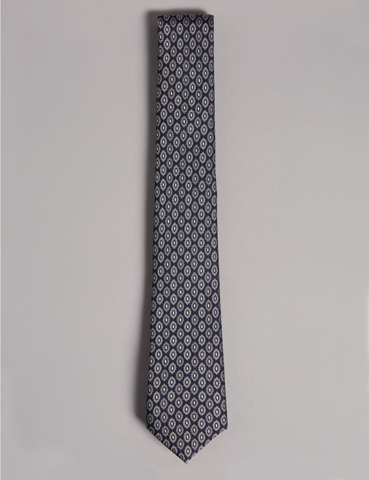 Marks & Spencer Pure Silk Geometric Print Tie Slate Blue
