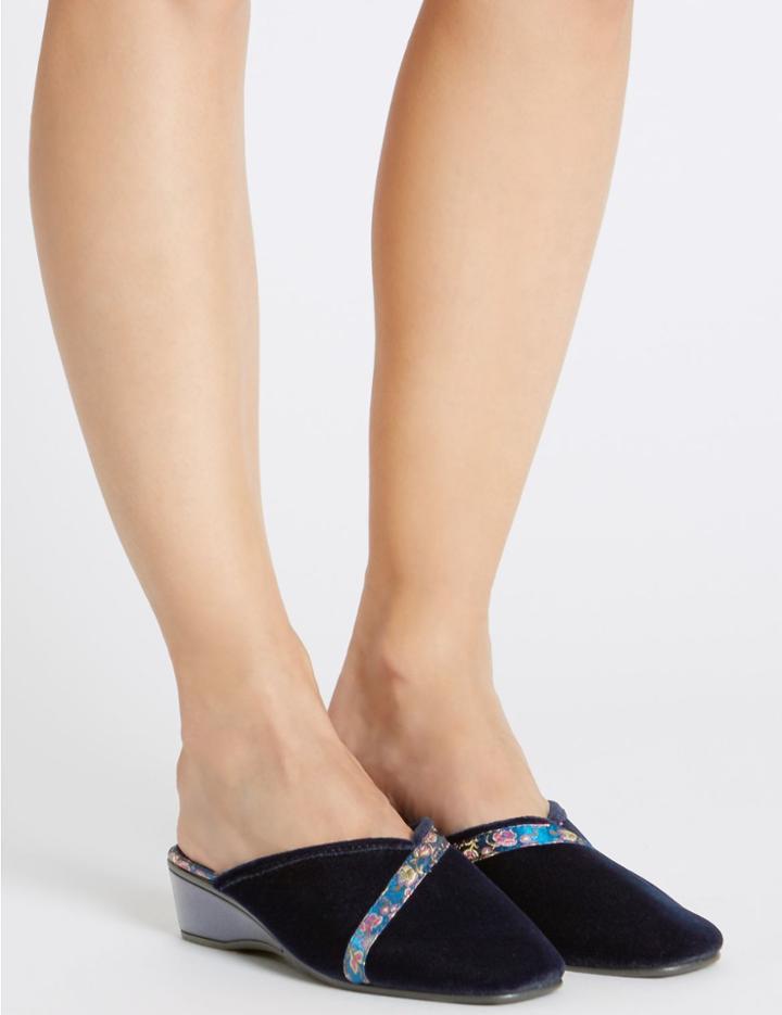 Marks & Spencer Floral Braid Wedge Heel Mule Slippers Navy