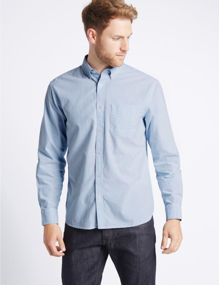 Marks & Spencer Pure Cotton Striped Oxford Shirt Blue