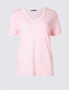 Marks & Spencer Linen Blend Striped Short Sleeve T-shirt Pink Mix