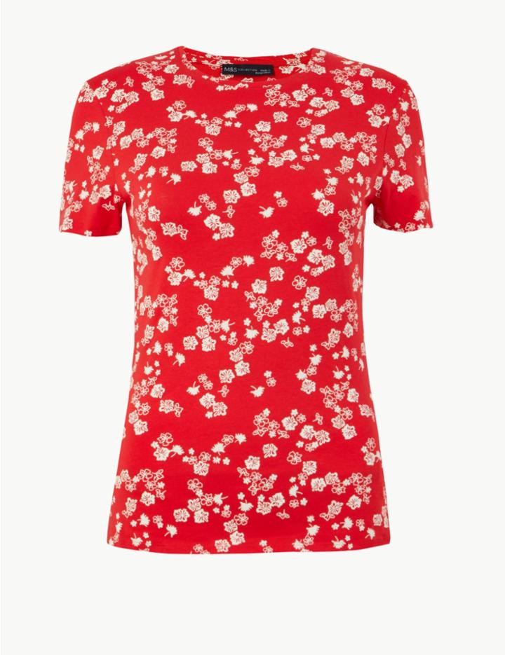 Marks & Spencer Cotton Rich Floral Print Fitted T-shirt Red Mix