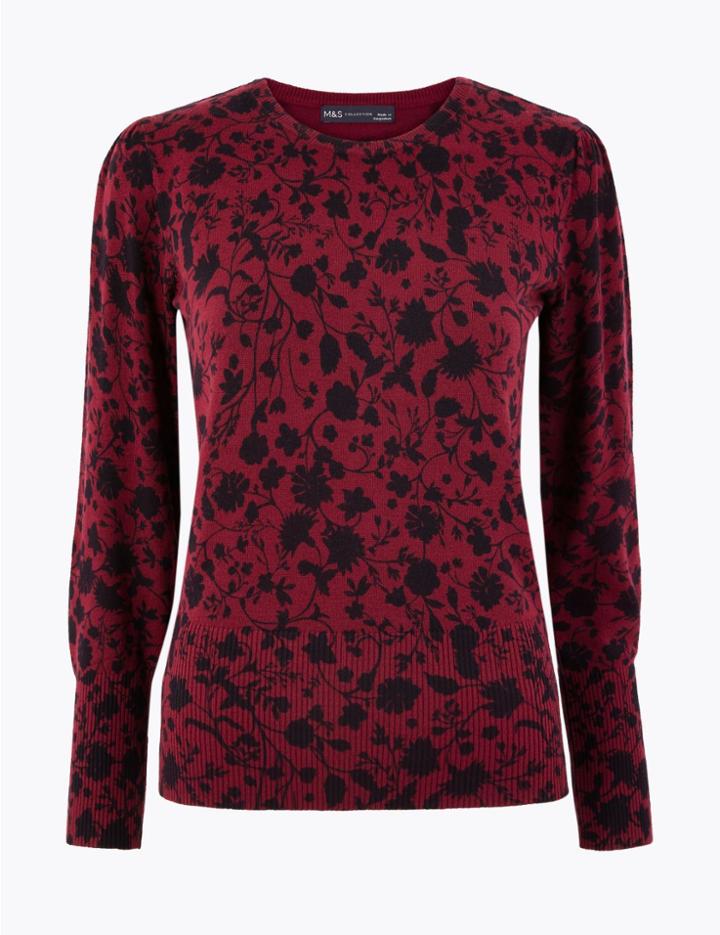 Marks & Spencer Floral Gathered Shoulder Jumper Dark Red Mix