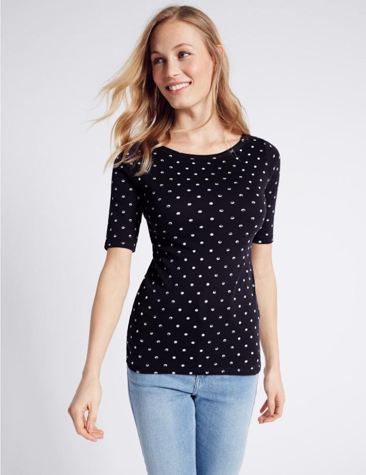 Marks & Spencer Pure Cotton Slash Neck Half Sleeve T-shirt Navy Mix