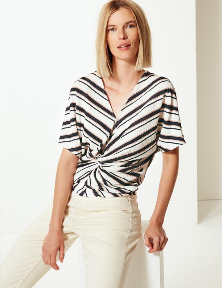 Marks & Spencer Striped Twist Front Regular Fit Blouse Ivory Mix
