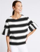 Marks & Spencer Cotton Rich Striped Frill Sleeve T-shirt Black Mix