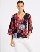Marks & Spencer Floral Print Ruched Sleeve V-neck Blouse Navy Mix