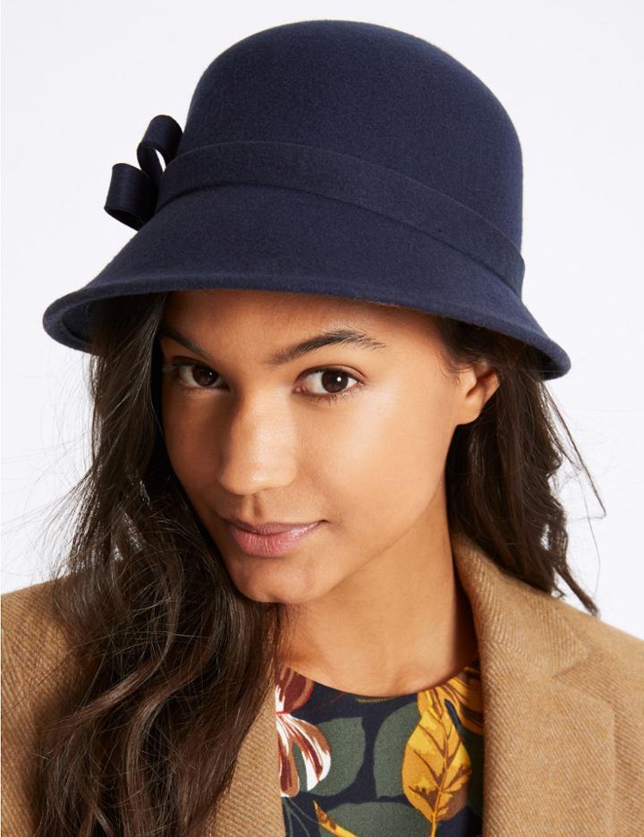 Marks & Spencer Pure Wool Velvet Bow Cloche Winter Hat Navy