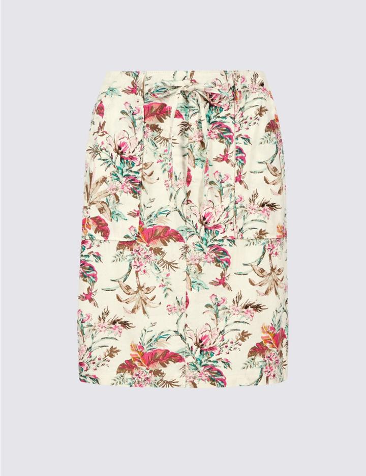 Marks & Spencer Linen Rich Floral Print Pencil Skirt Ivory Mix