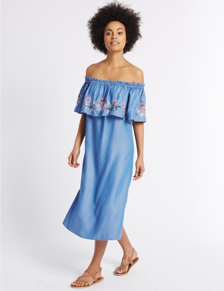 Marks & Spencer Embroidered Smock Shift Dress Blue Mix