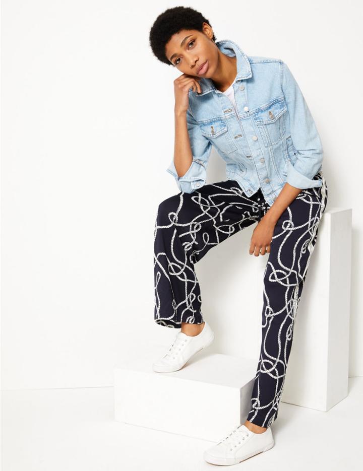 Marks & Spencer Side Stripe Printed Wide Leg Trousers Navy Mix