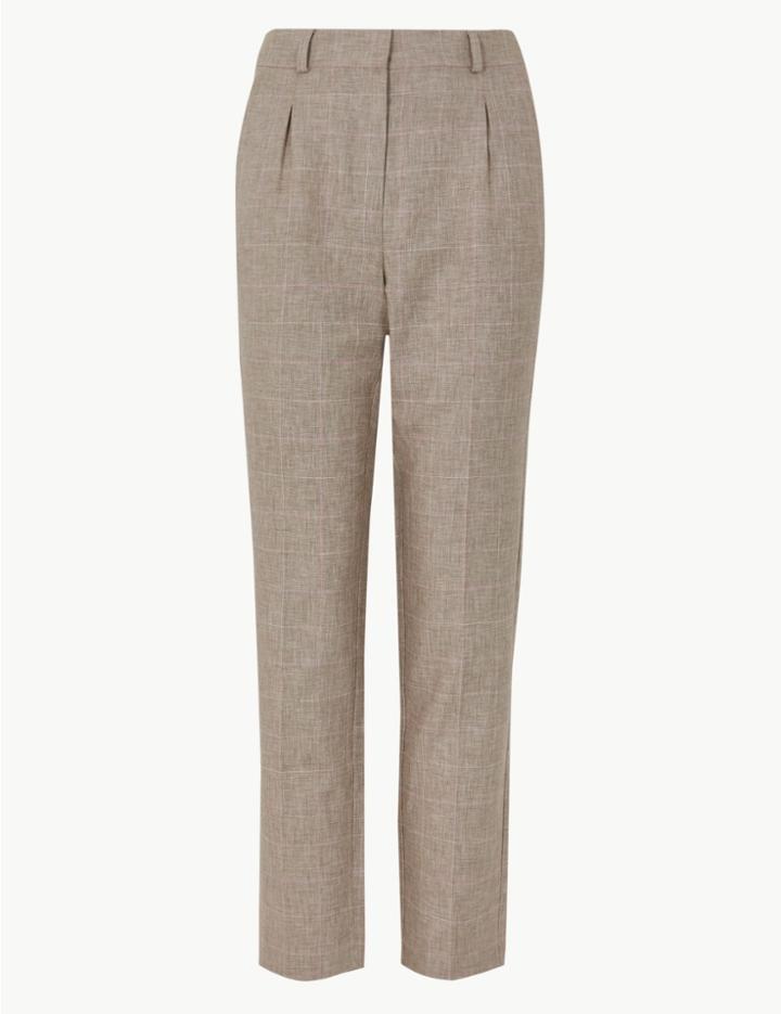 Marks & Spencer Linen Blend Checked Straight Leg Trousers Natural Mix