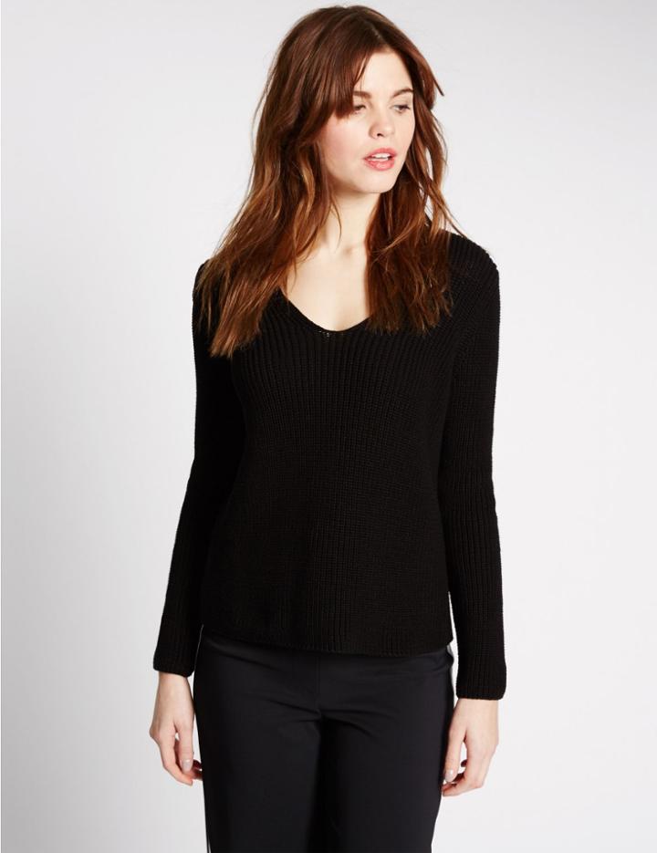 Marks & Spencer Pure Cotton Textured V-neck Jumper Black