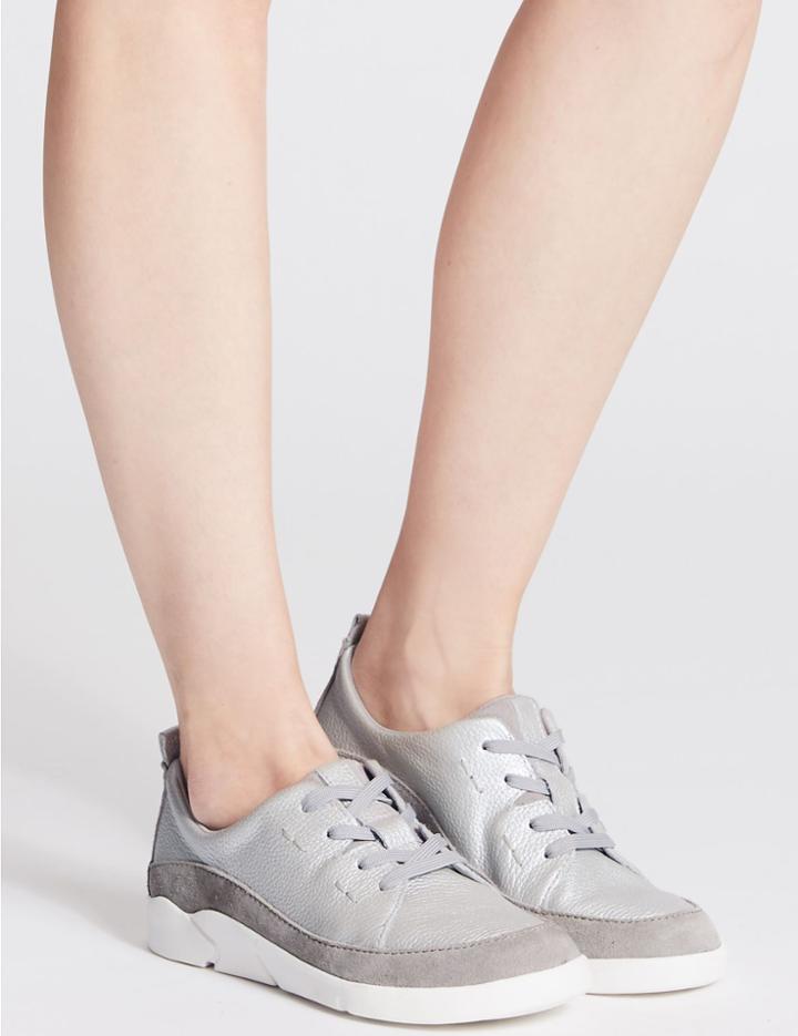 Marks & Spencer Leather Lace-up Trainers Silver