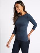 Marks & Spencer Cotton Rich Slash Neck 3/4 Sleeve T-shirt Indigo