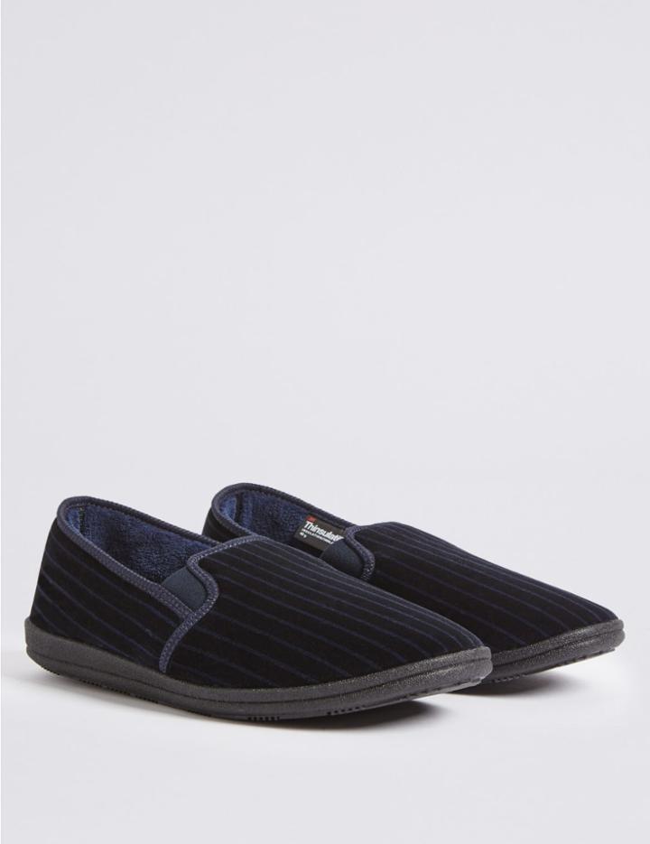 Marks & Spencer Velour Striped Slippers Navy Mix