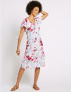 Marks & Spencer Floral Print Flutter Sleeve Swing Dress Ivory Mix