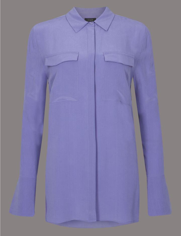 Marks & Spencer Pure Silk Button Through Long Sleeve Shirt Dark Lilac