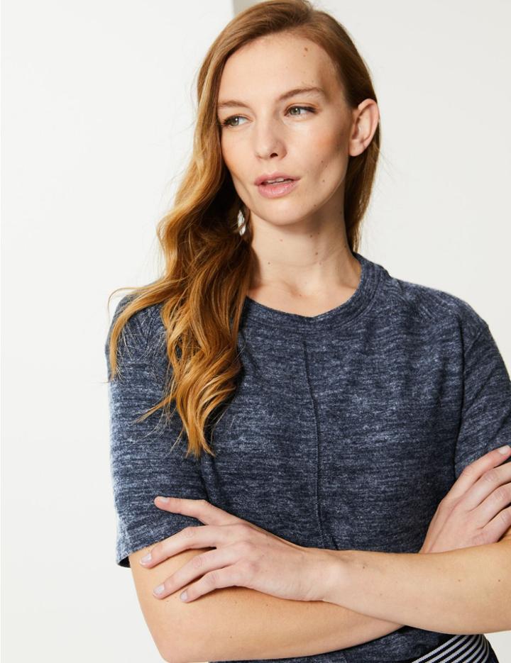 Marks & Spencer Cosy Round Neck Half Sleeve Top Navy