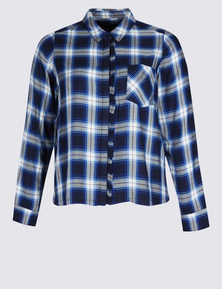 Marks & Spencer Plus Checked Ruffle Long Sleeve Shirt Blue Mix