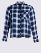 Marks & Spencer Plus Checked Ruffle Long Sleeve Shirt Blue Mix