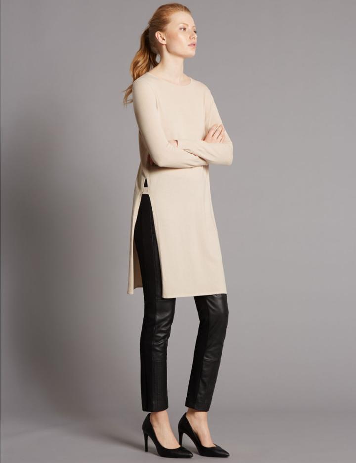 Marks & Spencer Side Split Round Neck Tunic Jumper Oyster