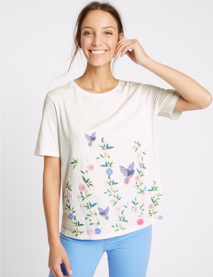Marks & Spencer Modal Blend Puff Print Short Sleeve T-shirt Ivory Mix