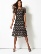 Marks & Spencer Lace Short Sleeve Swing Midi Dress Black Mix